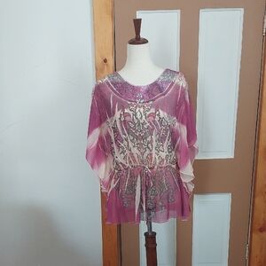 Cocomo Sheer Floral Tie-Waist Tunic in Magenta and Cream #0424J